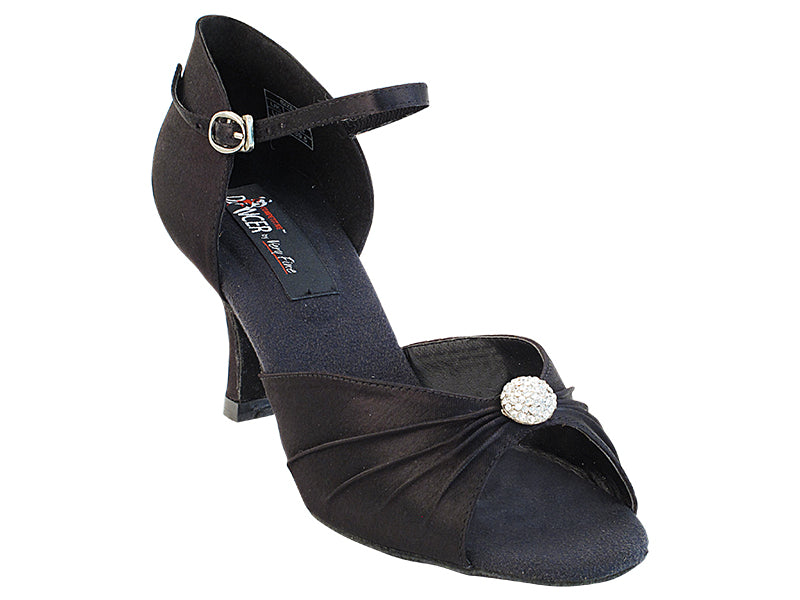 CD2178 Black Satin with 3" Flare heel in the photo