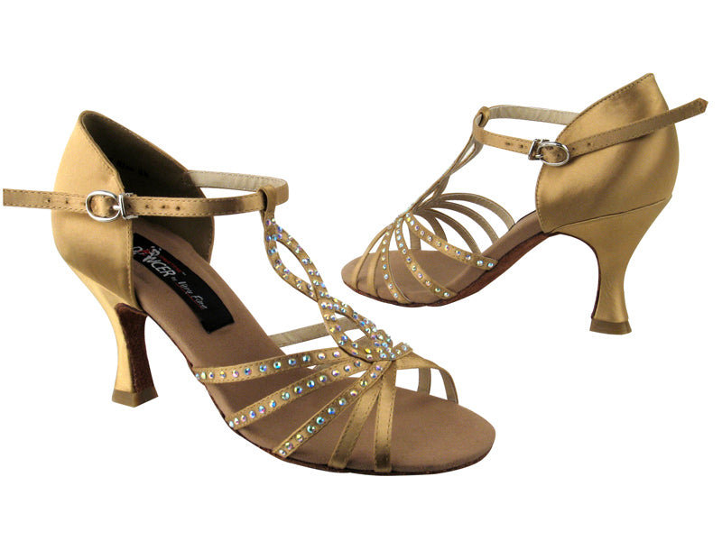 CD2806 Tan Satin with 3" Flare heel in the photo