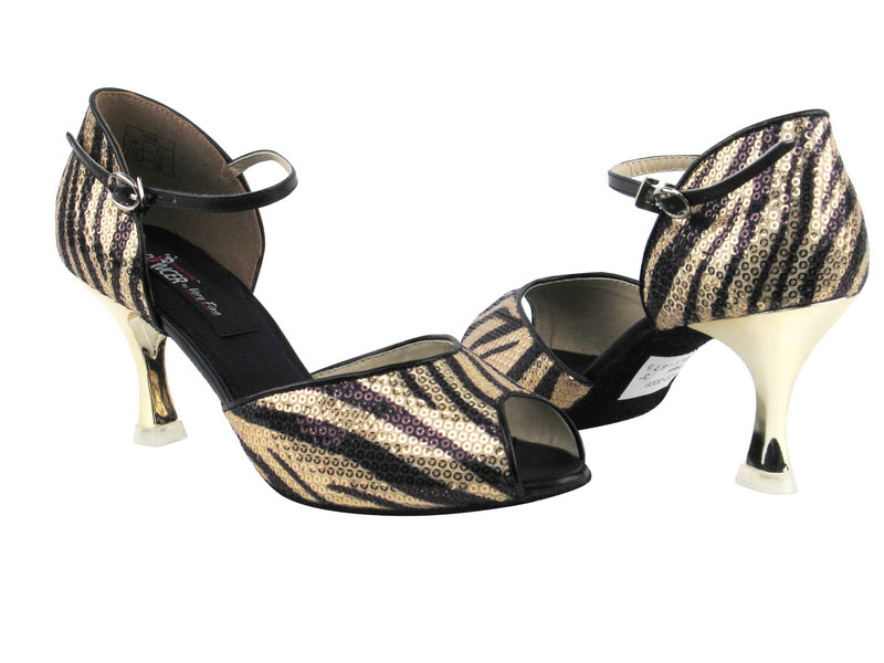 CD3009 Gold Zebra with 3" Gold Plated Flare Heel in the photo