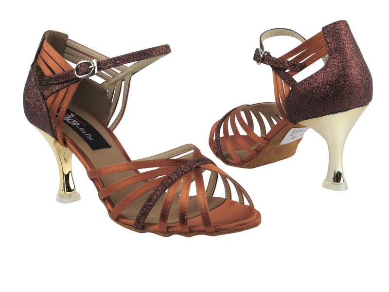 CD3012 Dark Tan Satin & Copper Stardust with 3" Gold Plated Flare Heel in the photo
