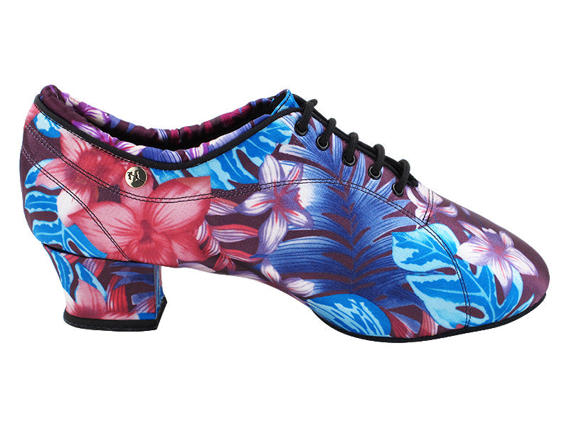 CD9316 198 Blue Purple Flower Satin with Men 1.5" Latin Heel in the photo