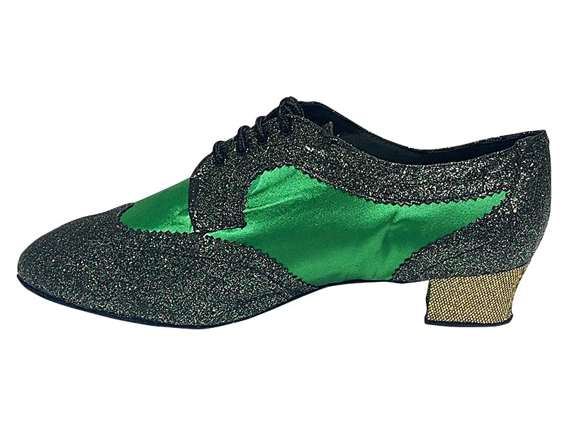 2509LEDSS 13 Green Illusion Scale_F_B_L_75 Green Satin_M_10 Light Gold Scale_H with Men 1.5" Latin Heel in the photo