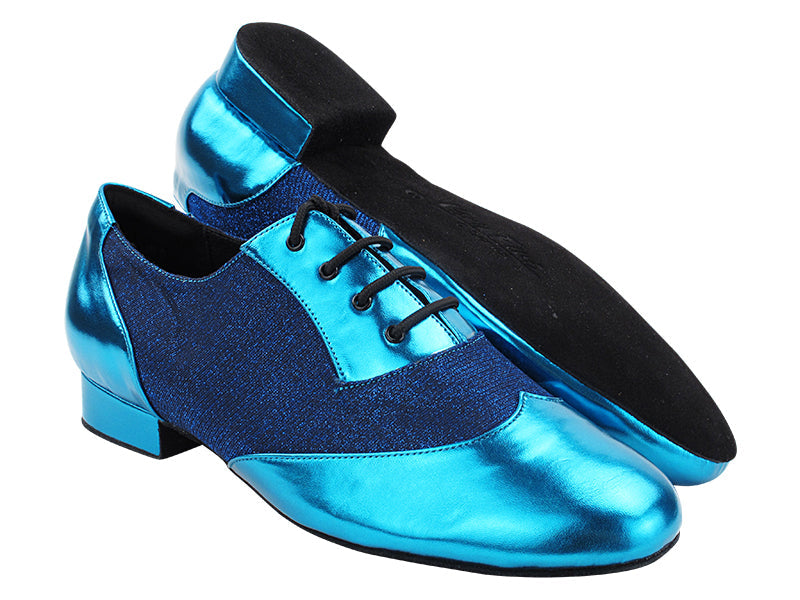 CM100101 135 Metallic Blue PU_F_B & 190 Glitter Dark Blue Satin_M with Men 1" Standard Heel (2002) in the photo