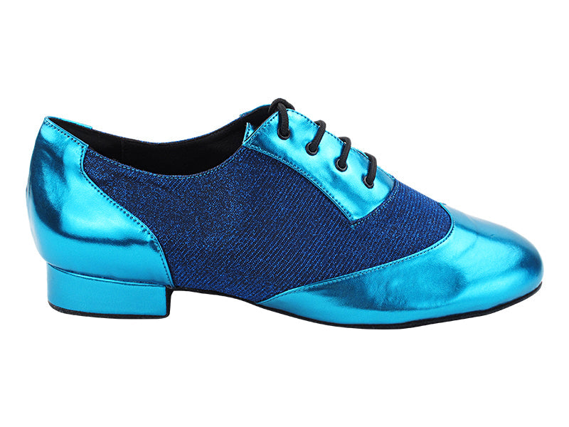 CM100101 135 Metallic Blue PU_F_B & 190 Glitter Dark Blue Satin_M with Men 1" Standard Heel (2002) in the photo