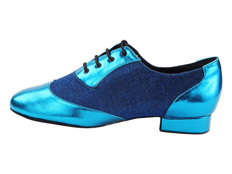 CM100101 135 Metallic Blue PU_F_B & 190 Glitter Dark Blue Satin_M with Men 1" Standard Heel (2002) in the photo