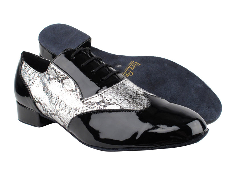 M100101 Black Patent_250 Silver Snake with 1" Heel in the photo