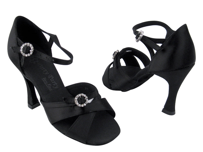 PP204 Black Satin with 3.5" Flare heel in the photo
