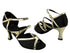PP207 BD12 Black Satin_BA31 Gold  Leather Trim with 2.75" Flare heel in the photo