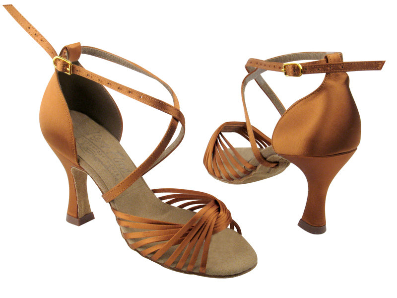 S1001 Dark Tan Satin with 3" Flare heel in the photo