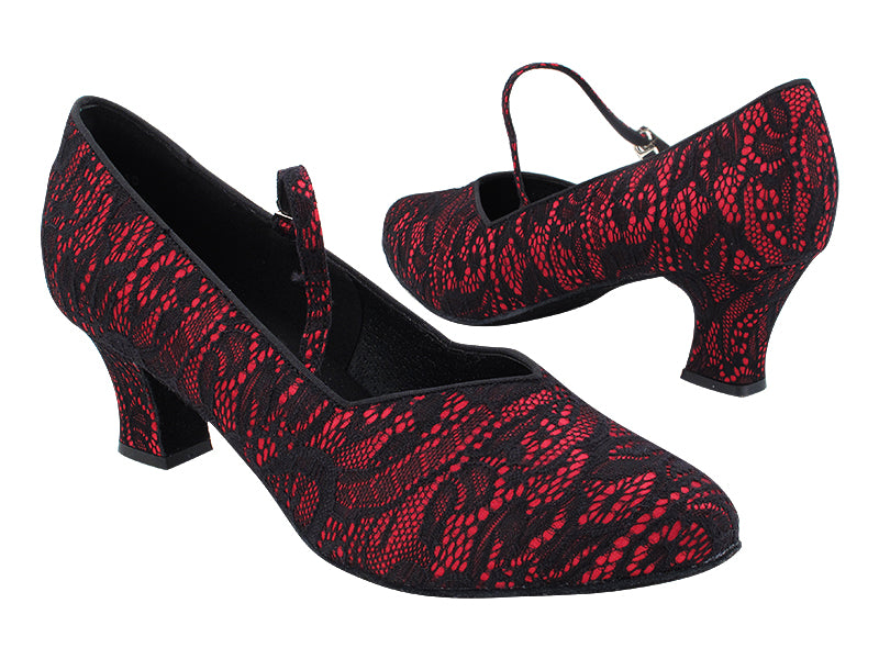 S9138 257 Red Satin Black Lace with 2.2" Thick Cuban Heel (318) in the photo