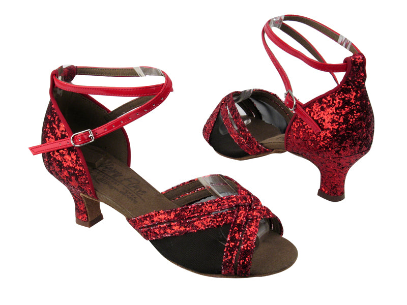 S9204 BF18 Red Sparkle_Black Mesh with 2 Slim Cuban heel in the photo