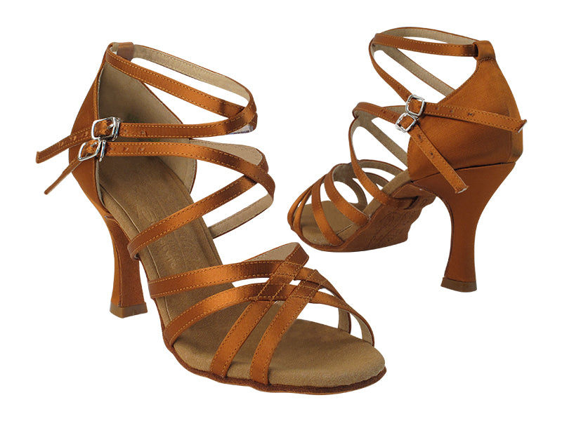 S9206 Copper Tan Satin with 3" Flare Heel in the photo