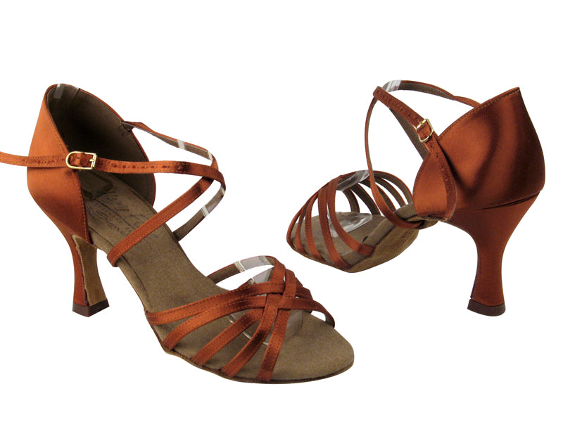 S9216 BD8 Dark Tan Satin with 3" Flare heel in the photo