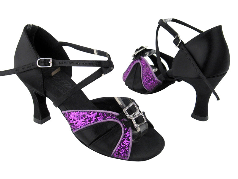 S92307 BH2 Purple Sparkle_Black Satin with 3" Flare heel in the photo