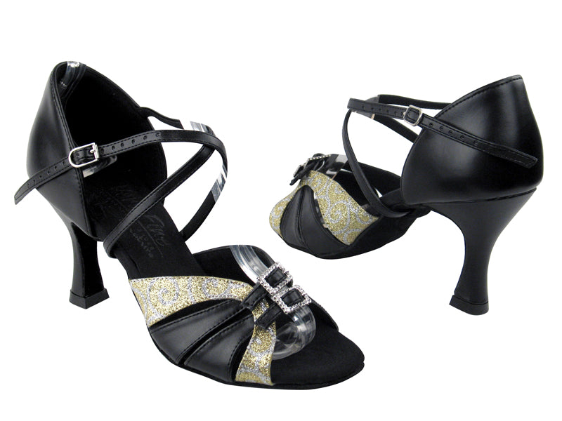 S92307 BF50 Gold Flower Stardust & Black Leather with 3" Flare heel in the photo