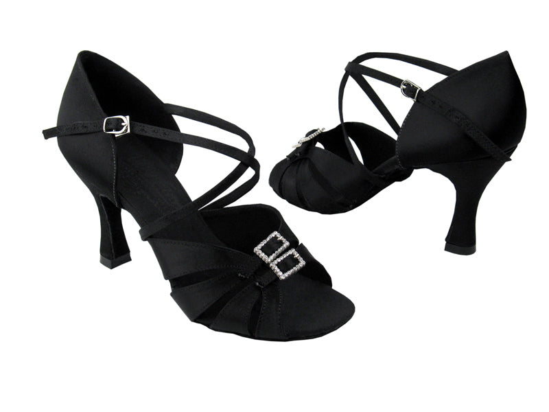 S92307 Black Satin with 3" Flare heel in the photo