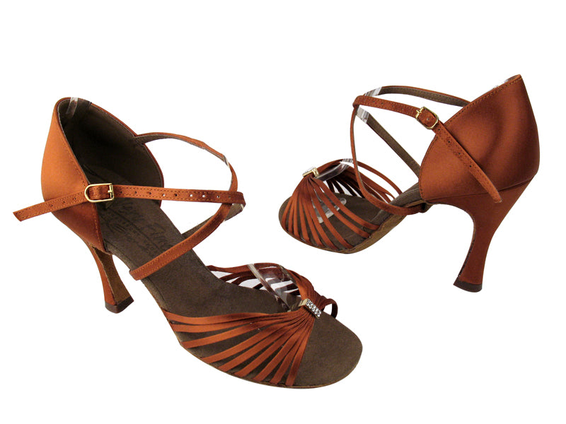 S92308 Dark Tan Satin with 3.5" Flare heel in the photo