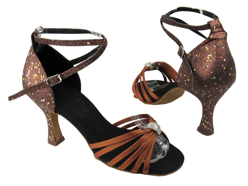 S92311 BD8 Dark Tan Satin_BH9 Coffee Glitter with 3" Flare heel in the photo