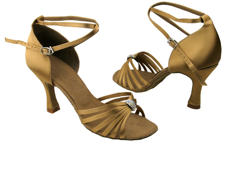 S92311 Tan Satin with 3" Flare heel in the photo