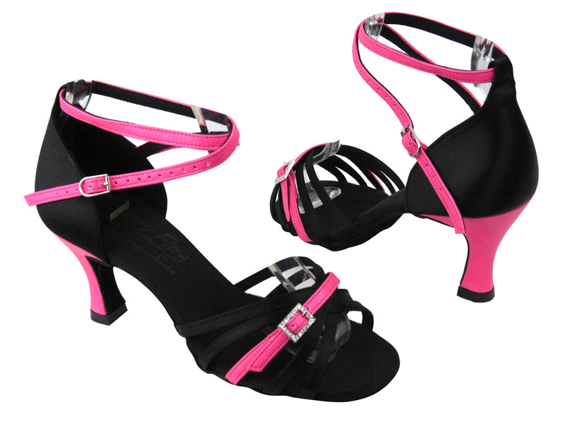 S92327 BD12 Black Satin_BA55 Fluorescent Pink Trim with 2.75" Flare heel in the photo