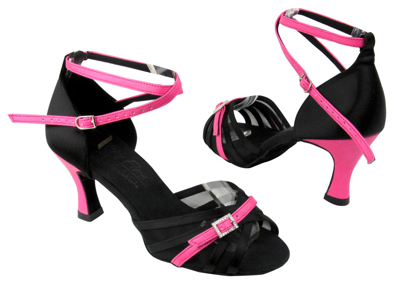 S92327 Black Satin & Fluorescent Pink Trim & Black Mesh with 2.75" Flare heel in the photo
