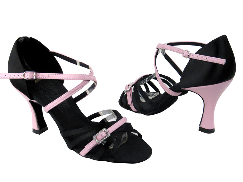 S92327 BD12 Black Satin_BE9 Pink Leather Trim_S92313 BackStrap with 3" Flare heel in the photo