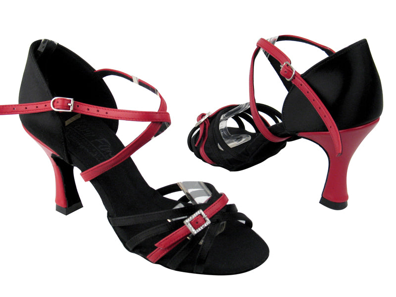 S92327 Black Satin_Red Leather Trim_S92313 BackStrap with 3" Flare heel in the photo