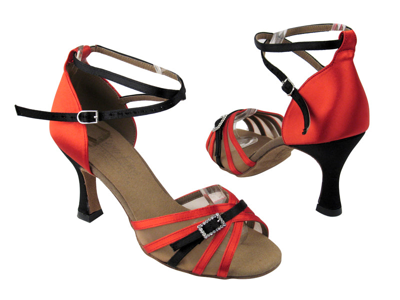 S92327 Red Satin_Black Satin Trim_Flesh Mesh with 3" Flare heel in the photo