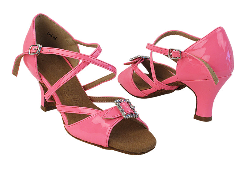 SERA1110 225 Fluorescent Pink Patent_X-Strap Arch with 2" Slim Heel in the photo