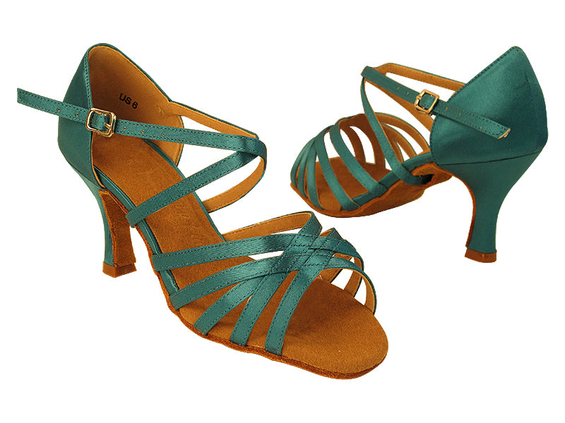 SERA2613 123 Teal Satin_X-Strap Arch with 3" Flare Heel in the photo