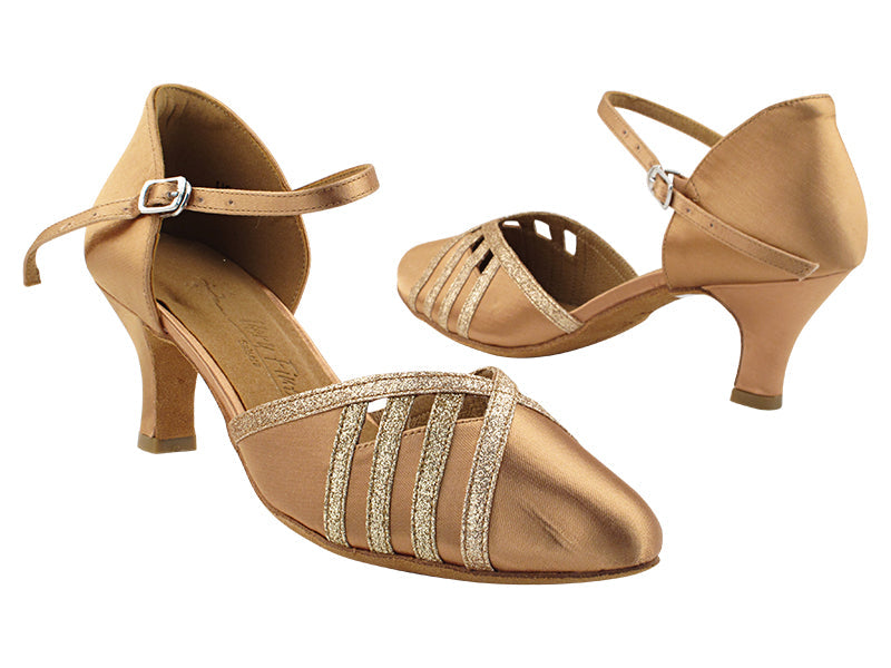 SERA3530 211 Tan Satin_008 Gold Stardust Trim_Ankle Strap Fixed with 2.5" Heel (2040) in the photo