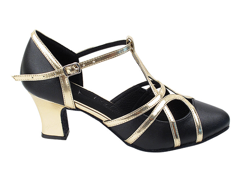 SERA3541 Black Leather & Light Gold Trim with 2.2" Thick Cuban Heel in the photo