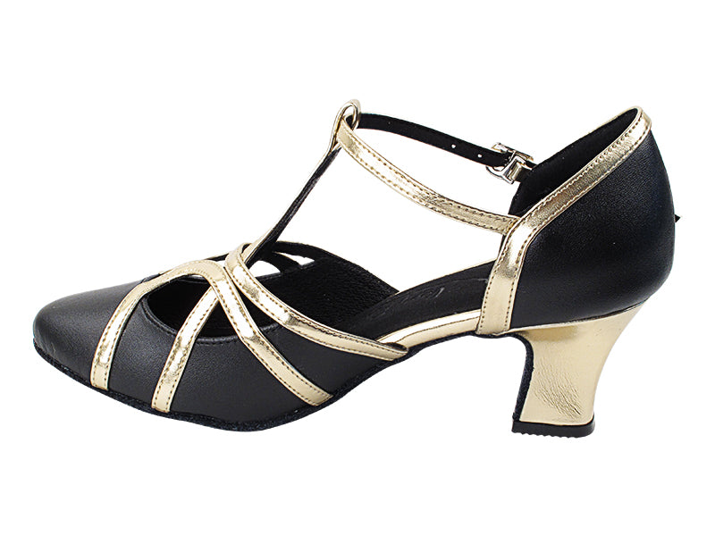 SERA3541 Black Leather & Light Gold Trim with 2.2" Thick Cuban Heel in the photo
