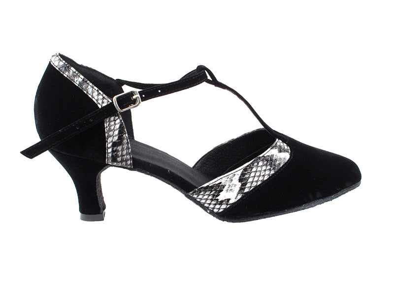 SERA3551 Black Velvet & White Snake Trim with 2.5" low heel in the photo