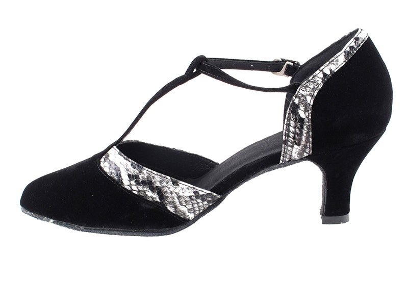 SERA3551 Black Velvet & White Snake Trim with 2.5" low heel in the photo