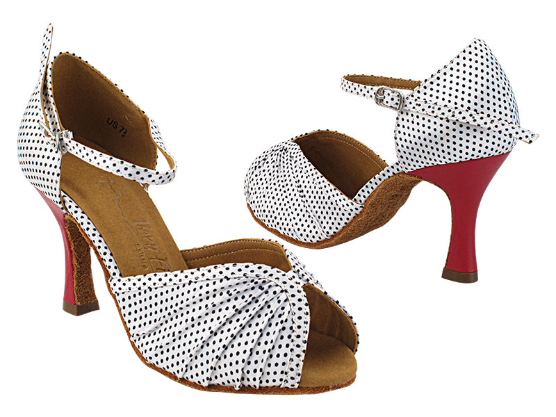 SERA3830 256 White Black Dots Satin_F_B_217 Red Leather_H with 3" Heel (5059) in the photo