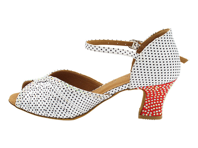 SERA3830CC 256 White Black Dots Satin & 118 Red Satin Heel_Rhinestone with 2.2 inch Thick Cuban Heel (318) in the photo
