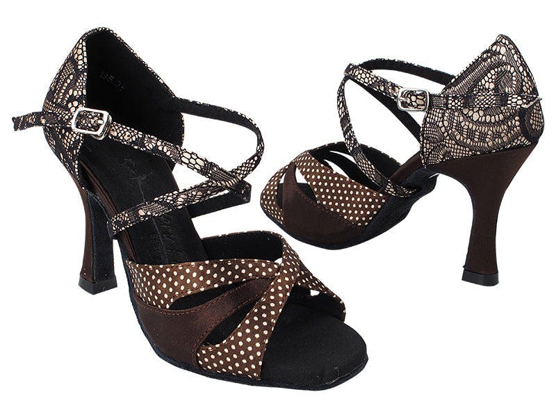 SERA3840X 255 Coffee White Dots Satin_FX_82 Dark Coffee Satin_H_258 Flesh Black Lace_B_S with 3" Heel (5059) in the photo