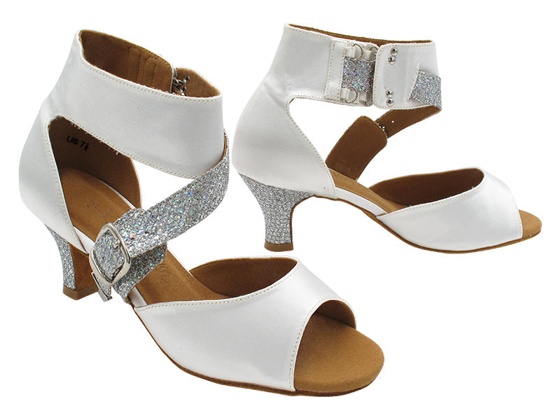 SERA7015 White Satin & Silver Sparklenet Arch Strap with 2.5" Low Heel (2040) in the photo