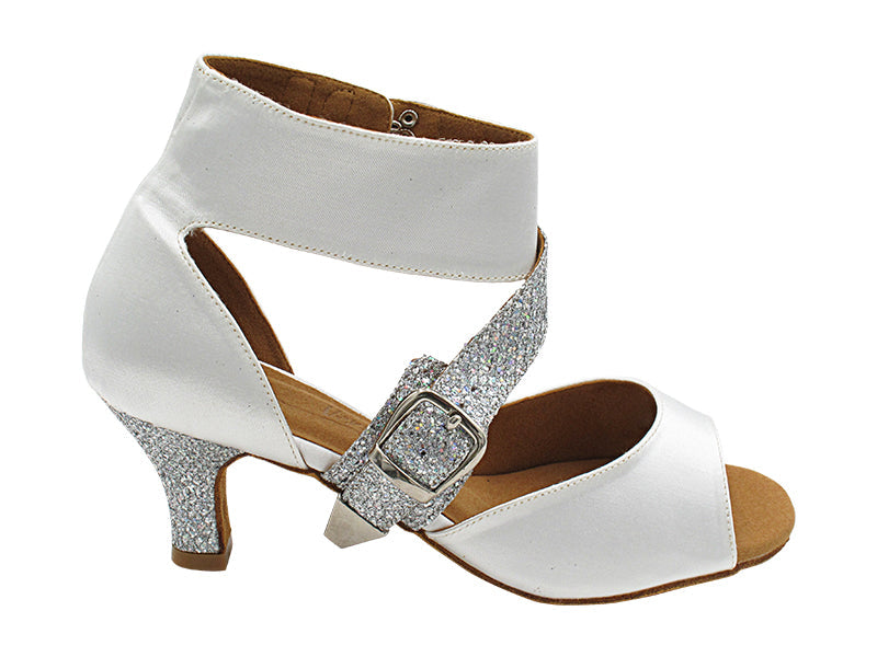 SERA7015 White Satin & Silver Sparklenet Arch Strap with 2.5" Low Heel (2040) in the photo