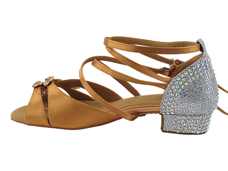 SERA7030CC 153 Tan Satin_F_S_129 Silver Sparklenet_B_H_AB Rhinestone Buckles with 1" Heel (8881) in the photo