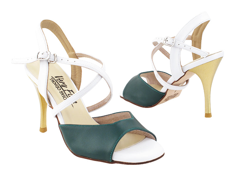 VFTango 009 Green Leather & White Leather with 3.5" Stiletto Gold Heel (TG1) in the photo