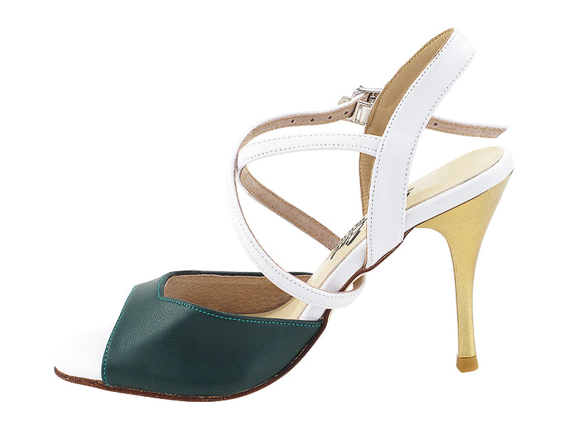 VFTango 009 Green Leather & White Leather with 3.5" Stiletto Gold Heel (TG1) in the photo
