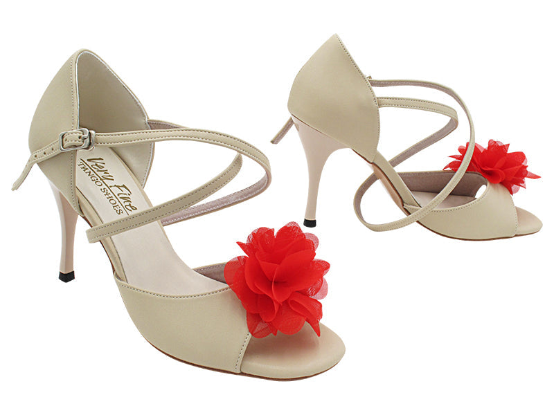 VFTango 025X Light Beige Leather & Red Flower with 3.5" Stiletto Nude Heel (TG1) in the photo