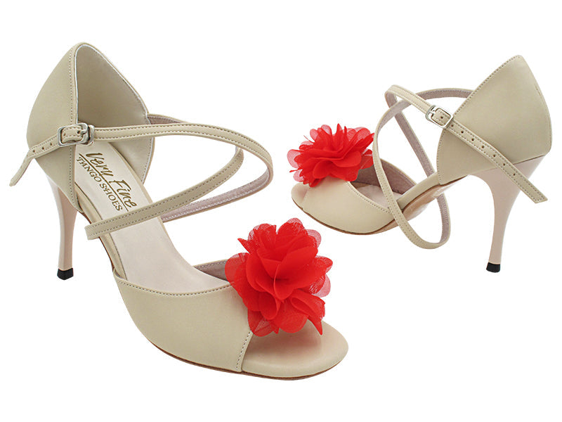 VFTango 025X Light Beige Leather & Red Flower with 3.5" Stiletto Nude Heel (TG1) in the photo