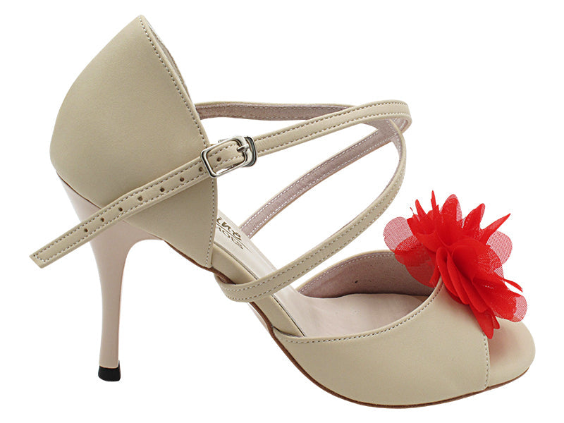 VFTango 025X Light Beige Leather & Red Flower with 3.5" Stiletto Nude Heel (TG1) in the photo