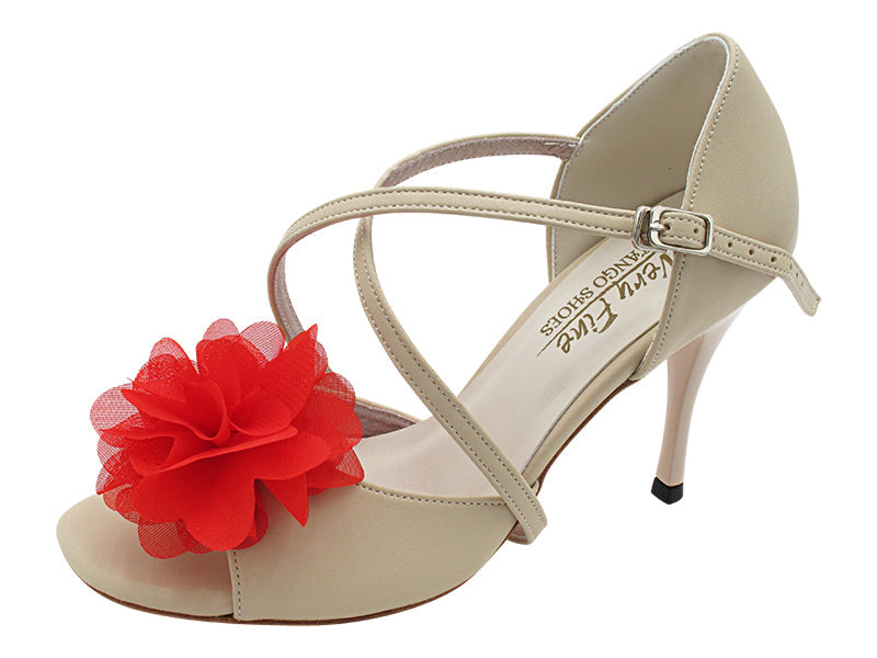 VFTango 025X Light Beige Leather & Red Flower with 3.5" Stiletto Nude Heel (TG1) in the photo