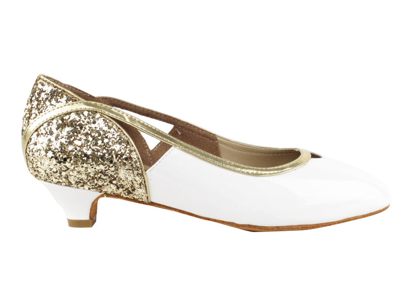 CD5503 Talon cubain en cuir verni blanc et paillettes dorées