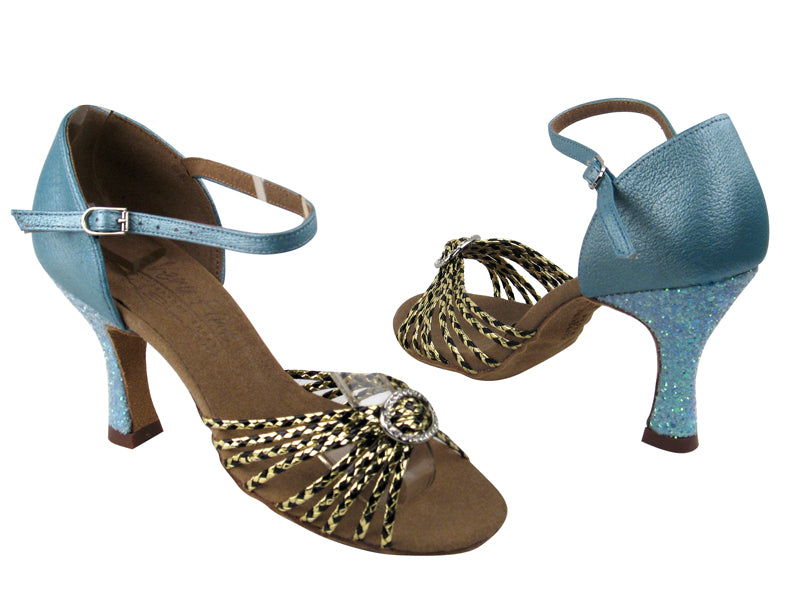 S9283 Black Gold Braid_BC10 Light Blue_B_BF23 Light Blue Sparkle Heel with 3" Flare heel in the photo