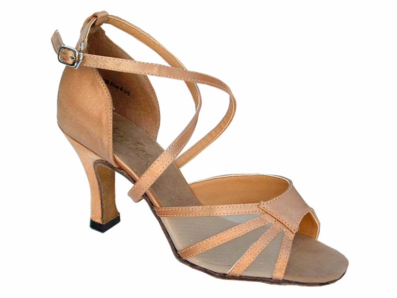 1601 Brown Satin &amp; Flesh Mesh with 3&quot; Heel in the photo